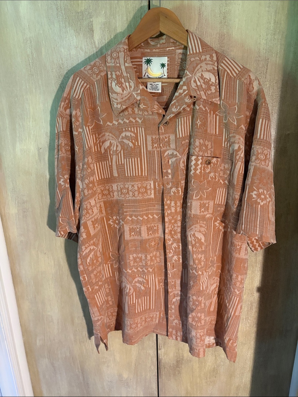 Banana Cabana Tropical-Print Short-Sleeve Button Down Shirt- Orange/Brown